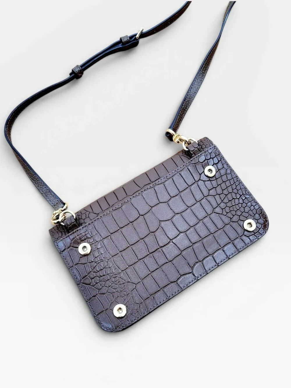 HENRI BENDEL New York Moc Croc Embossed Slim Chocolate Brown Crossbody Handbag